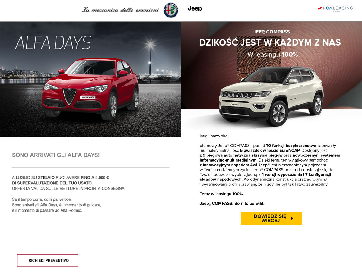 Email marketing (DEM) Alfa Romeo e Jeep per il mercato polacco